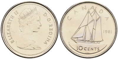 Канада 10 центов 1981 Елизавета II (1952-2022), парусник KM 77.2 никель  UNC  4147-356