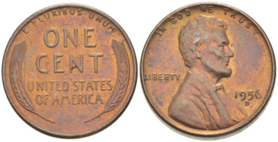 США 1 ЦЕНТ 1956 D, ЛИНКОЛЬН KM А132 медь цинк 218-659