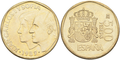 Испания 500 песет 1989 Хуан Карлос I (1975-2001) и София KM 831 алюминиевая бронза 4583-1015