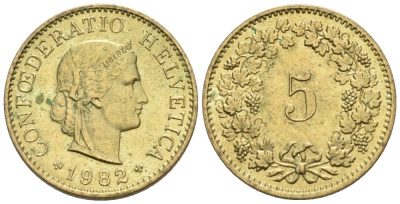 Швейцария 5 раппенов 1982 KM 26с алюминиевая бронза 4576-921