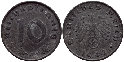 ГЕРМАНИЯ 10 РЕЙХСПФЕННИГОВ 1942 J КМ 101 J.371 цинк 4391-1042
