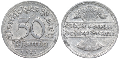 Германия 50 пфеннигов 1921 D KM 27, J. 301 алюминий 4114-836