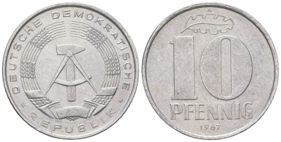 ГДР 10 пфеннигов 1967 A KM 10 алюминий 201-838