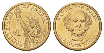 США 1 доллар 2008 P, Президент США - Мартин Ван Бюрен (1837-1841) KM 429 медь с марганцево-латунным покрытием UNC 4629-243