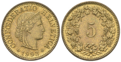 Швейцария 5 раппенов 1993 B KM 26c алюминиевая бронза aUNC 4115-1256