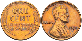 США 1 ЦЕНТ 1958 D, ЛИНКОЛЬН KM А132 медь цинк 218-737