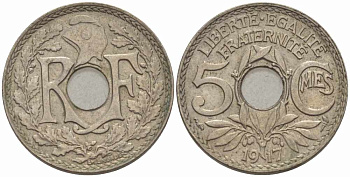 ФРАНЦИЯ 5 САНТИМОВ 1917 ТИП ЛИНДАЙЁ KM 865, LE FRANC 121.1 медно-никель 105-353