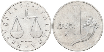 Италия 1 лира 1955 R, весы KM 91 алюминий  UNC  4594-146