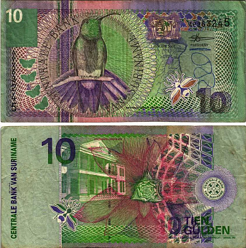 Суринам 10 гульденов 2000 колибри-манго, цветок Pick 147 бумага 8564-45-3-2
