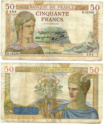 Франция 50 франков 1940 22 февраля 1940, Rousseau & Favre-Gilly Pick 85b бумага 7215-14-1-1