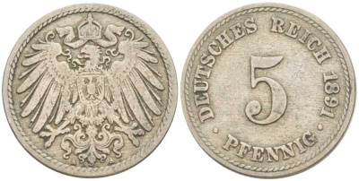 ГЕРМАНИЯ 5 ПФЕННИГОВ 1891 А KM 11, J. 12 медно-никель 206-1166