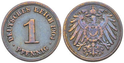 ГЕРМАНИЯ 1 ПФЕННИГ 1904 F KM 10, Jager. 10, Weege 2 медь 4528-1225