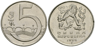 Чехия 5 крон 1994 чешский лев, Карлов мост KM 8 сталь плакированная никелем 4167-951