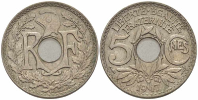 ФРАНЦИЯ 5 САНТИМОВ 1917 ТИП ЛИНДАЙЁ KM 865, LE FRANC 121.1 медно-никель 105-353