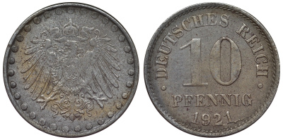 Германия 10 пфеннигов 1921 A KM 20, J. 298 железо 4119-136