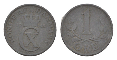 Дания 1 эре 1942 N, Кристиан X (1912-1947) KM 832 цинк 4658-161