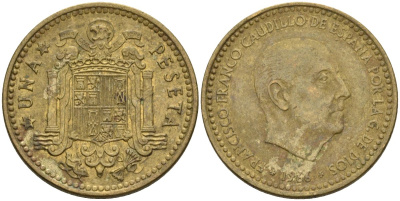 Испания 1 песета 1966 (74) Франсиско Франко (1939-1975) KM 796 алюминиевая бронза 3336-1243