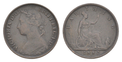 Великобритания 1 фартинг 1882 H, Виктория (1837-1901) KM 753, Spink 3959 бронза 4630-156
