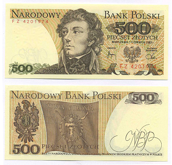 Польша 500 злотых 1982 Тадеуш Костюшко Pick 145 d бумага UNC (пресс) 8595-17-4-1