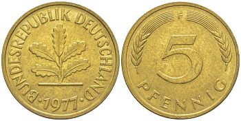 ФРГ 5 ПФЕННИГОВ 1977 F KM 107, J. 382 сталь плакированная латунью 116-263