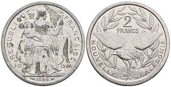 Французская Новая Каледония 2 франка 1996 птица кагу, (IEOM) KM 14, Schoen 11, Lec 68a алюминий    23-1115