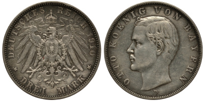 Бавария 3 марки 1910 Отто (1886-1913) Weege 45, J. 47, KM 515 серебро 3711-1944