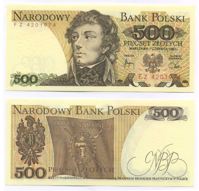 Польша 500 злотых 1982 Тадеуш Костюшко Pick 145 d бумага UNC (пресс) 8595-17-4-1