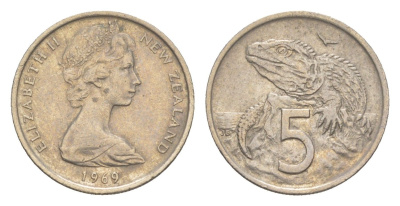 Новая Зеландия 5 центов 1969 Елизавета II (1952-2022), ящерица гаттерия KM 34 медно-никель 4651-164