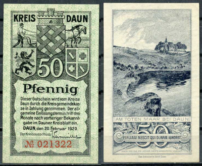 Германия, Даун 50 пфеннигов 1920 нотгельд, 20.02.1920, с № Tieste 1310/02 бумага UNC (пресс) 8614-46-3-2