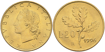 Италия 20 лир 1996 R, дубовый лист KM 97.2 алюминиевая бронза  UNC  4594-1051