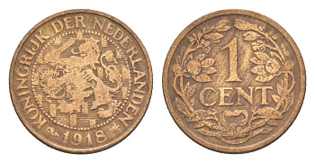 Нидерланды 1 цент 1918 Вильгельмина (1890-1948) KM 152 бронза 75-545