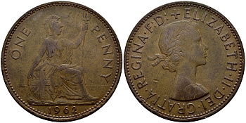 Великобритания 1 пенни 1962 Елизавета II (1952-2022) KM 897, Spink 4157 бронза 4380-731