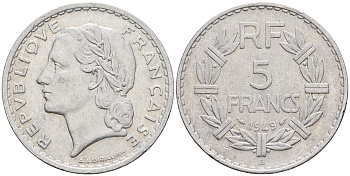 Франция 5 франков 1949 В, тип Лаврийе KM 888b.2, Le Franc 339.19 алюминий 221-434