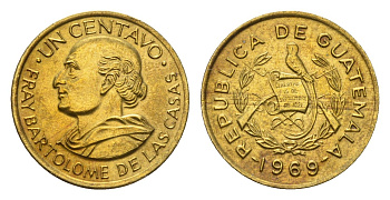 Гватемала 1 сентаво 1969 KM 265 латунь aUNC 4643-639