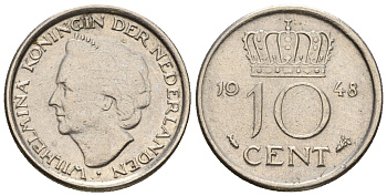 Нидерланды 10 центов 1948 Вильгельмина (1895-1948) KM 177 никель 220-536