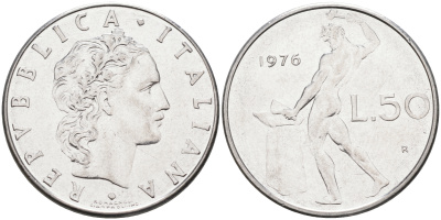 Италия 50 лир 1976 R, бог огня Вулкан у наковальни KM 95.1 нержавеющая сталь 4116-347