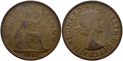 Великобритания 1 пенни 1962 Елизавета II (1952-2022) KM 897, Spink 4157 бронза 4380-731