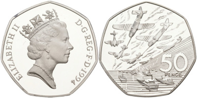 Великобритания 50 пенсов 1994 Елизавета II (1952-2022), 50 лет высадки союзников в Нормандии, день D, в оригинальной коробке, сертификат KM 966a, Spink 4353 серебро  PROOF  00-00