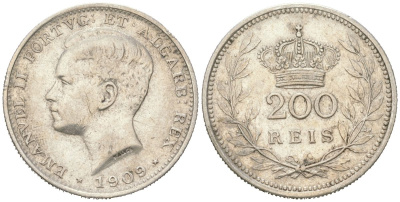 Португалия 200 реалов 1909 Мануэл II (1908-1910) KM 549 серебро 4616-153