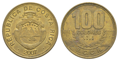 Коста-Рика 100 колонов 2007 KM 240a сталь плакированная латунью aUNC 4631-941