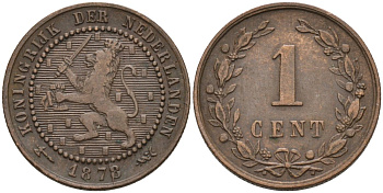 Нидерланды 1 цент 1878 Виллем III (1849-1890) KM 107 бронза 4576-542