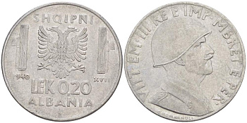 Албания 0,20 лека 1940 R, Итальянская оккупация KM 29 нержавеющая сталь 4523-411