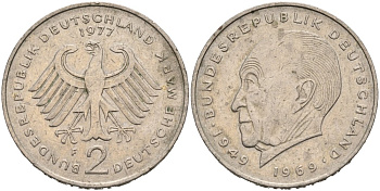 ФРГ 2 марки 1977 F, КОНРАД АДЕНАУЭР KM 124, J. 406 медно-никель плакированный никелем 92-327