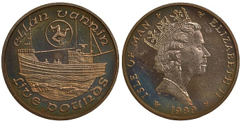 Остров Мэн 5 фунтов 1989 АА, рыбацкая лодка, рыбы, рак KM 215 вирениум UNC 00-00