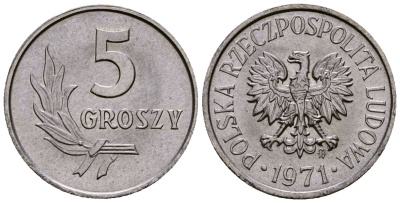 Польша 5 грошей 1971 Y A46 алюминий 4164-958