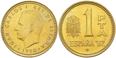 Испания 1 песета 1980 (82) чемпионат мира по футболу в Испании 1982 года, Хуан Карлос I ( 1975-) KM 816 алюминиевая бронза 216-424