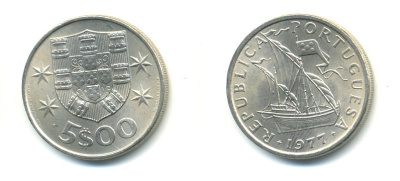 ПОРТУГАЛИЯ 5 ЭСКУДО 1977 ПАРУСНИК KM 591 медно-никель 176-252