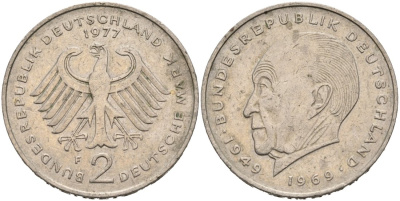 ФРГ 2 марки 1977 F, КОНРАД АДЕНАУЭР KM 124, J. 406 медно-никель плакированный никелем 92-327