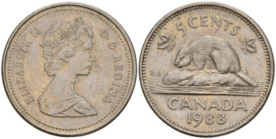 Канада 5 центов 1988 Елизавета II (1953-), бобр KM 60.2a медно-никель 4189-915