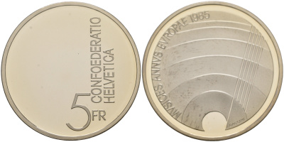 Швейцария 5 франков 1985 Европейский год музыки,оригинальная коробка KM 64 медно-никель  PROOF  2-4-2-40
